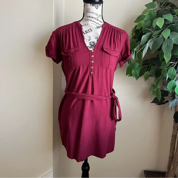 guess burgundy dress Draped Neck Belted A-Line Sleeveless Midi Dress in Burgundy